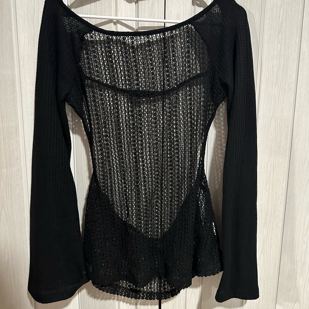 Black Sheer Knit Long Sleeve Top